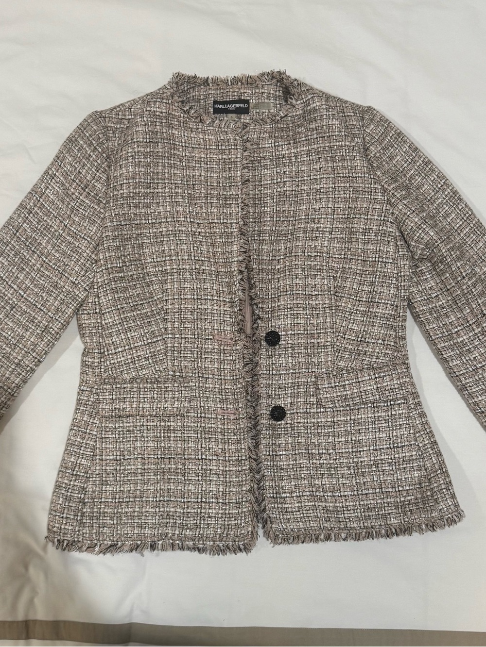 Karl Lagerfeld Neutral Taupe Blend Tweed Blazer